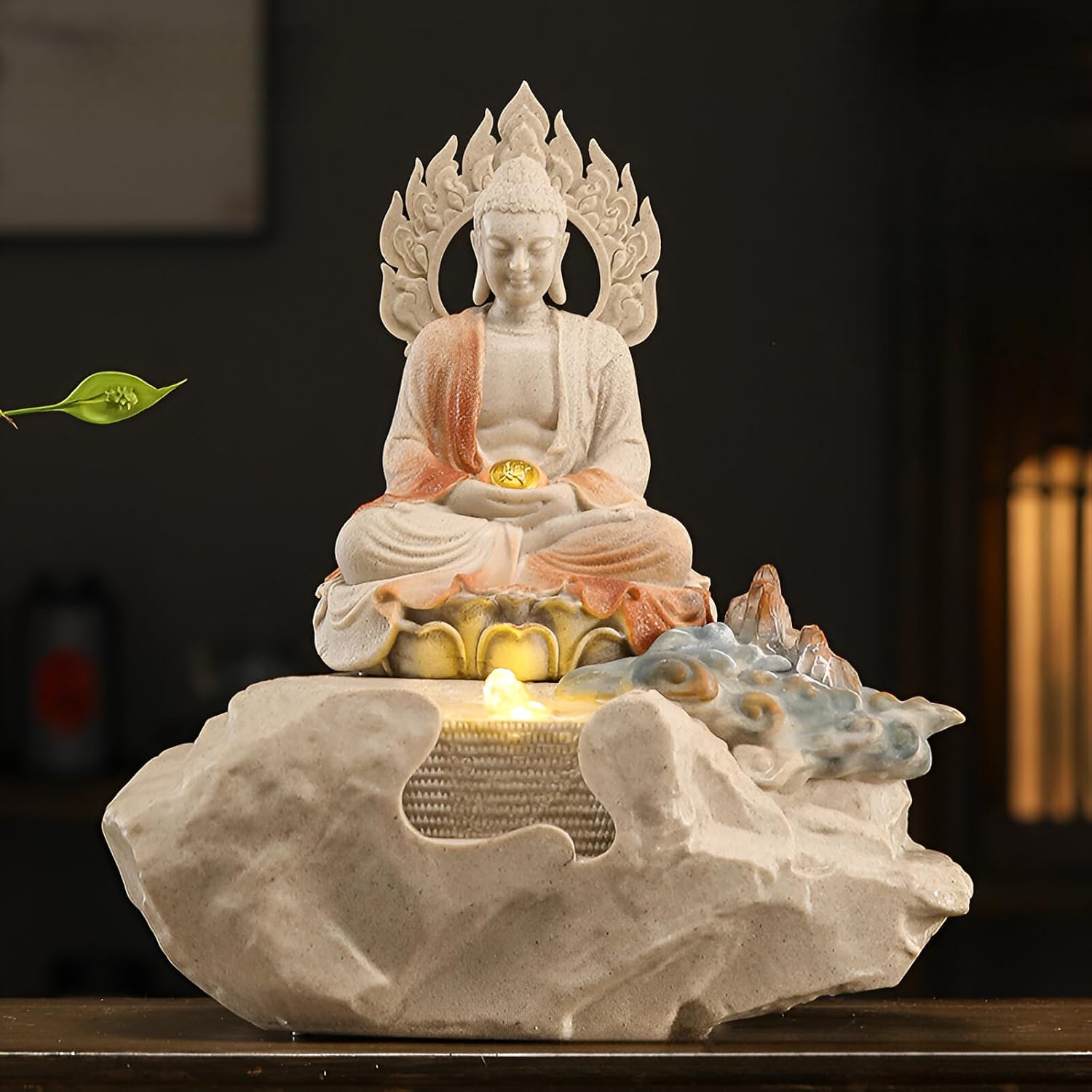 Zen Buddha Tabletop Fountain with LED Lights & Crystal Accents – Indoor Meditation Waterfall Feature with Cascading Water for Home, Office, Living Room or Bedroom – Free 10 Free Crystals (Style 1)