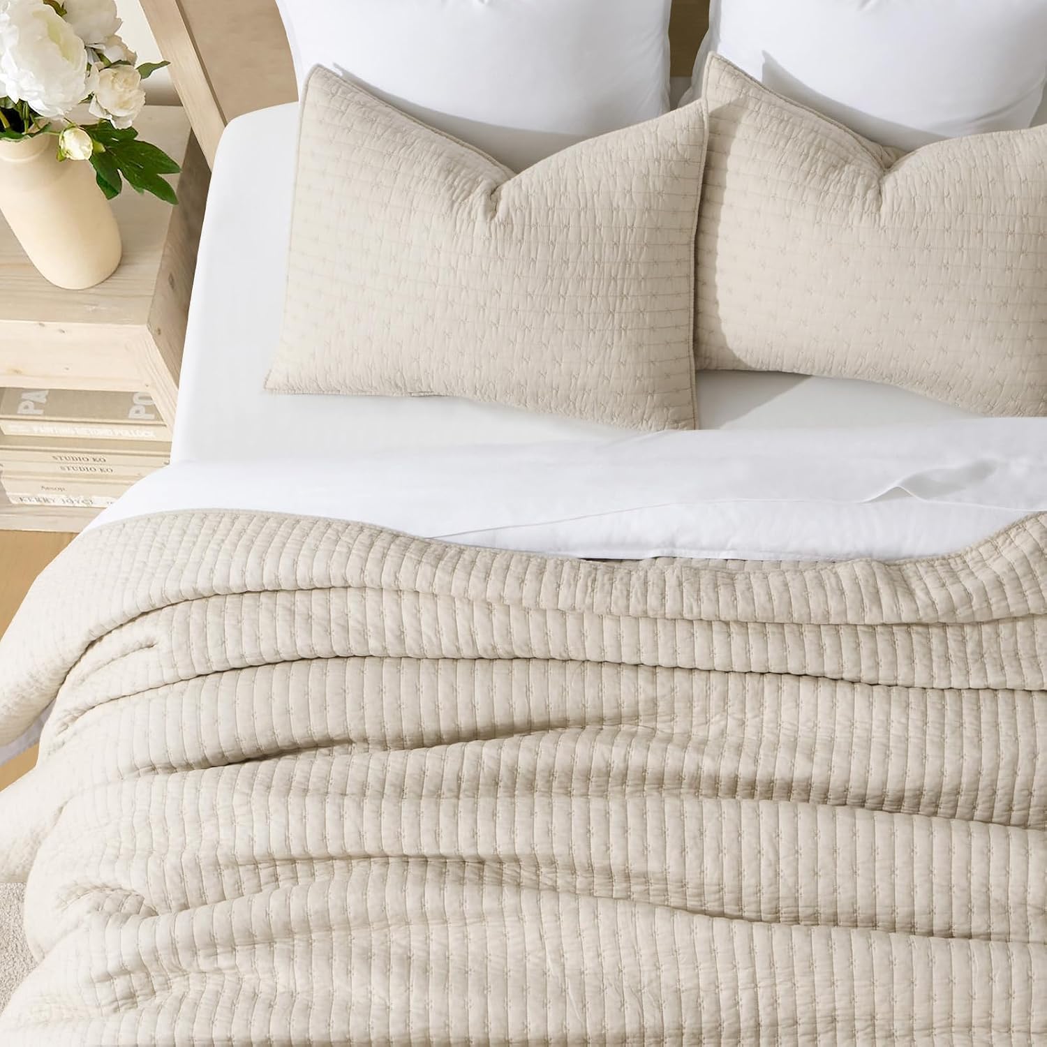 EVERGRACEHOME Cross Stitch Pre-Washed Cotton Quilt Bedding Set King Size, Oversized 3 Pieces Lightweight Bedspread Coverlet for All Season, with 2 Matching Shams, Flax Beige,118'x106' | Cross Stitch