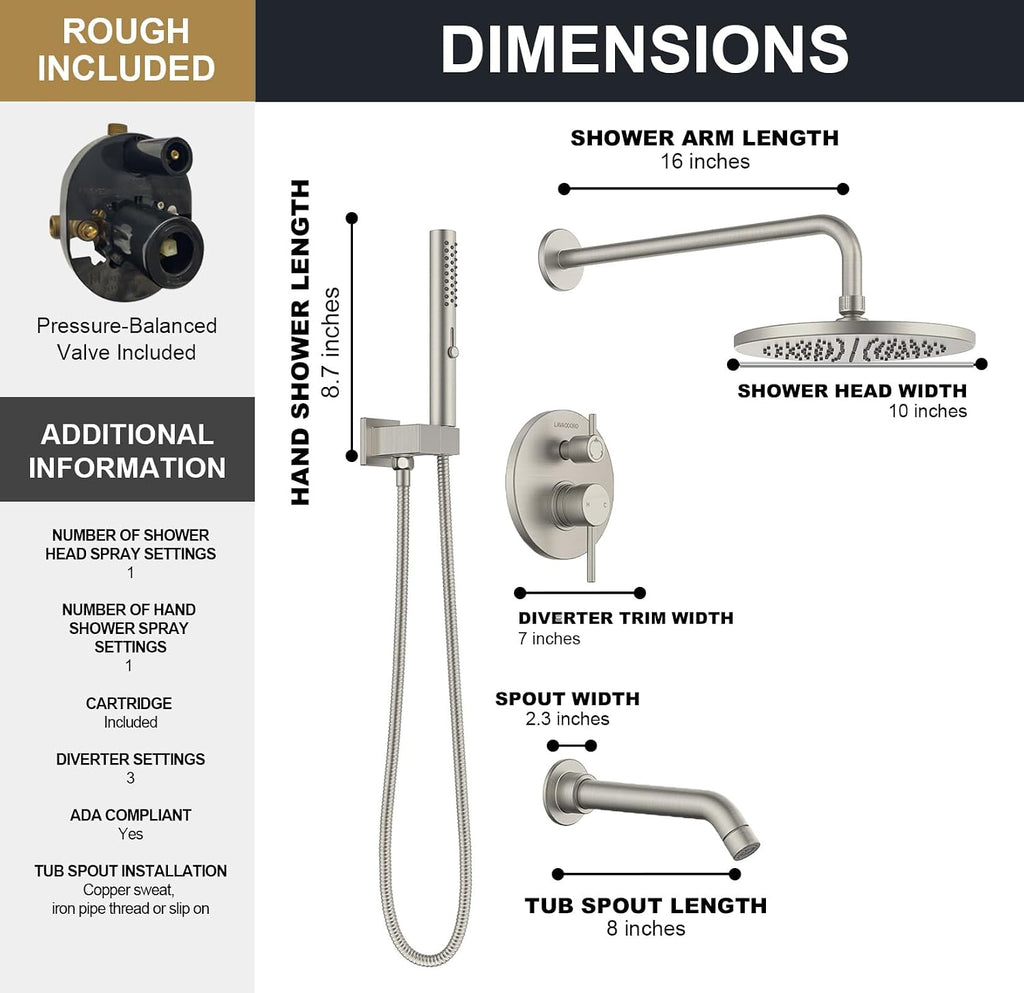 Lava Odoro Modern 3-Setting Round Rain Bathtub and Shower Faucet Set, Brushed Nickel Rainfall Shower Head and Handle Set, Rain Shower System with Tub Spout, Shower Valve Trim Kit, SF104-BN-T