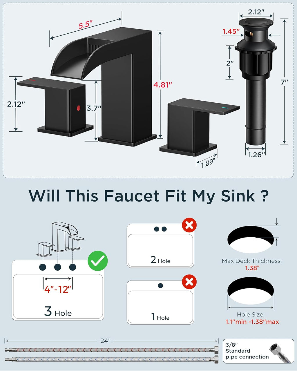 FORIOUS 2 Pack, Waterfall Bathroom Faucets 3 Hole, 8 Inch Widespread Square Matte Black Bathroom Sink Faucet with Metal Pop-up Drain and cUPC Supply Lines, Two Handles for Vanity, Restroom, Commercial