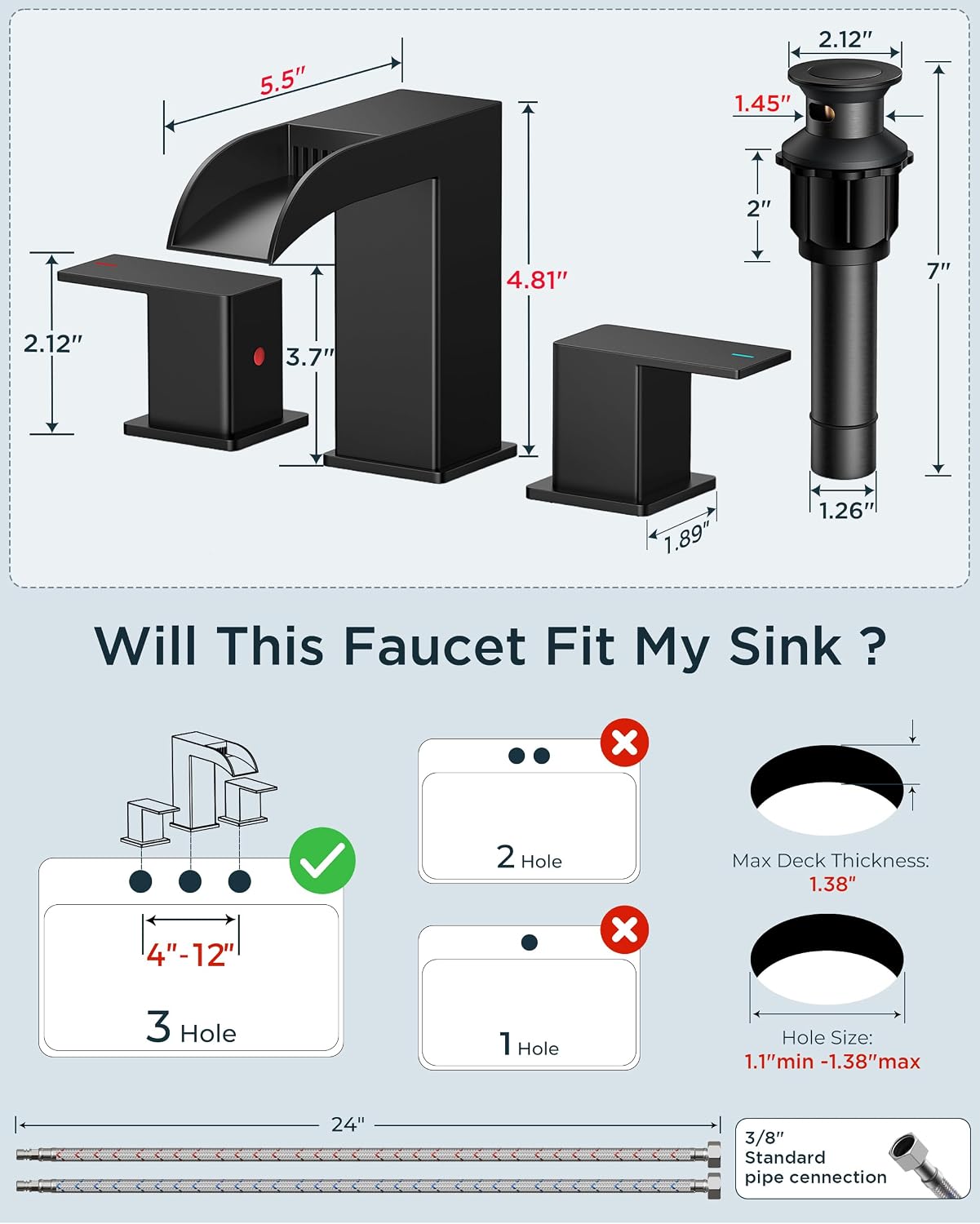 FORIOUS 2 Pack, Waterfall Bathroom Faucets 3 Hole, 8 Inch Widespread Square Matte Black Bathroom Sink Faucet with Metal Pop-up Drain and cUPC Supply Lines, Two Handles for Vanity, Restroom, Commercial