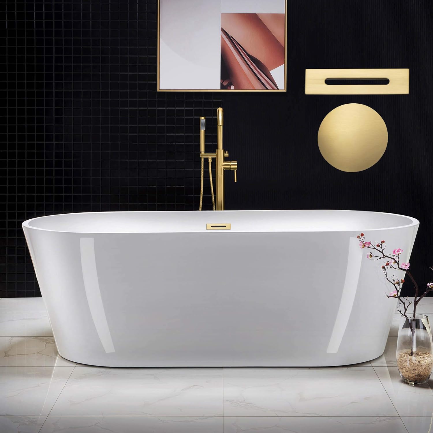 WOODBRIDGE 71' Acrylic Freestanding Bathtub Contemporary Soaking White Tub with Brushed Gold Overflow and Drain,B1701-BG