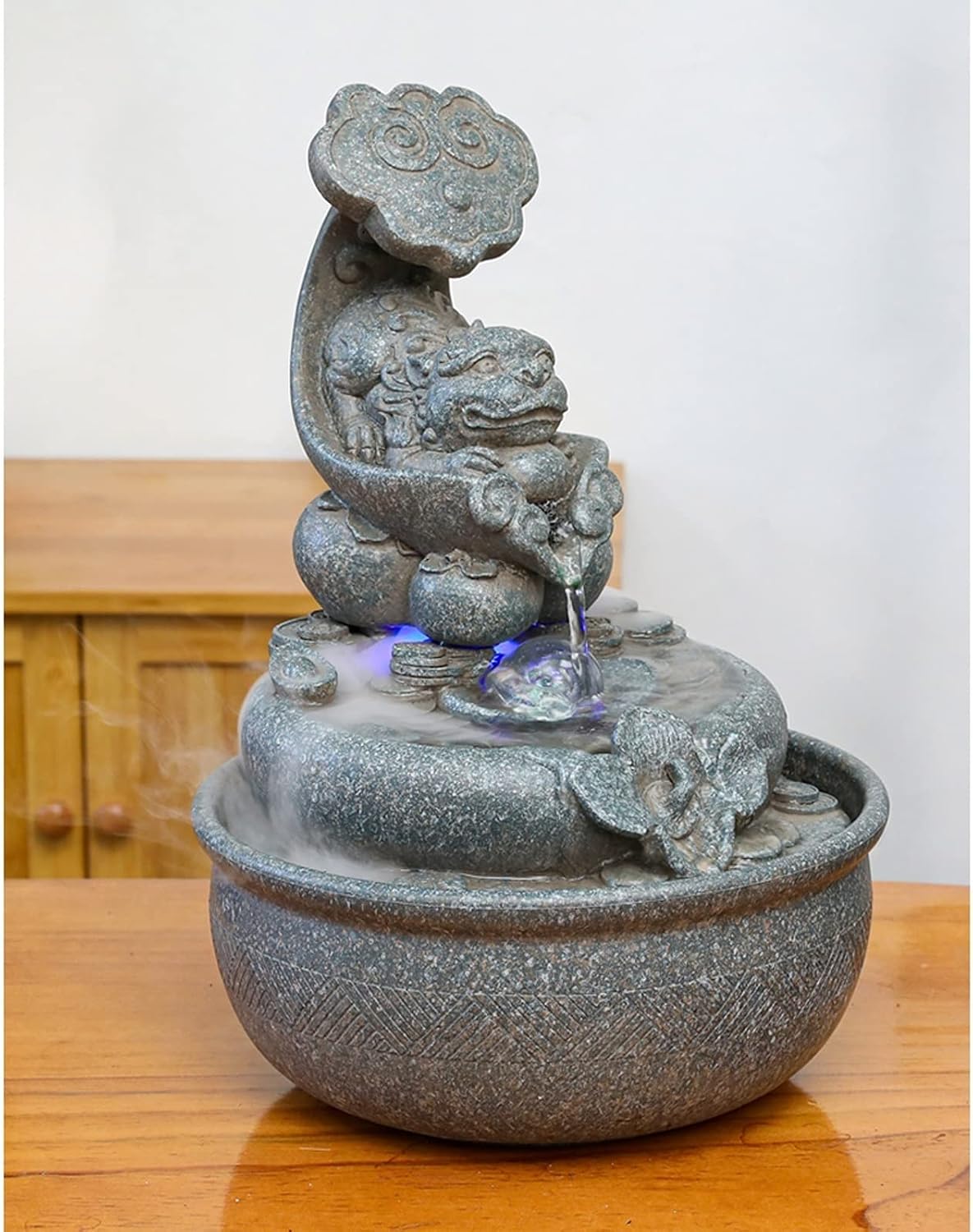 HIHELO Desktop Fountain Resin Tabletop Fountain Waterfall Decoration with LED Lights Portable Tabletop Decoration Zen Meditation Waterfall for Office Living Room Water Fountain Outdoor (Color : A)