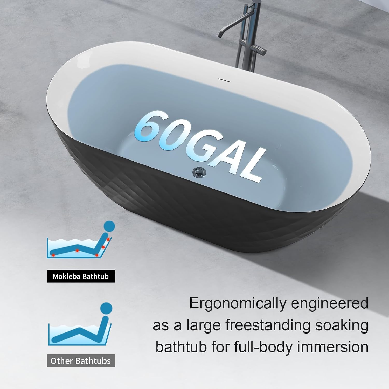 59' Acrylic Freestanding Bathtub，Double Ended Shape lozenge texture Bathtub with Integrated Slotted Overflow, Toe-Tap Chrome Drain, cUPC Certified,Black