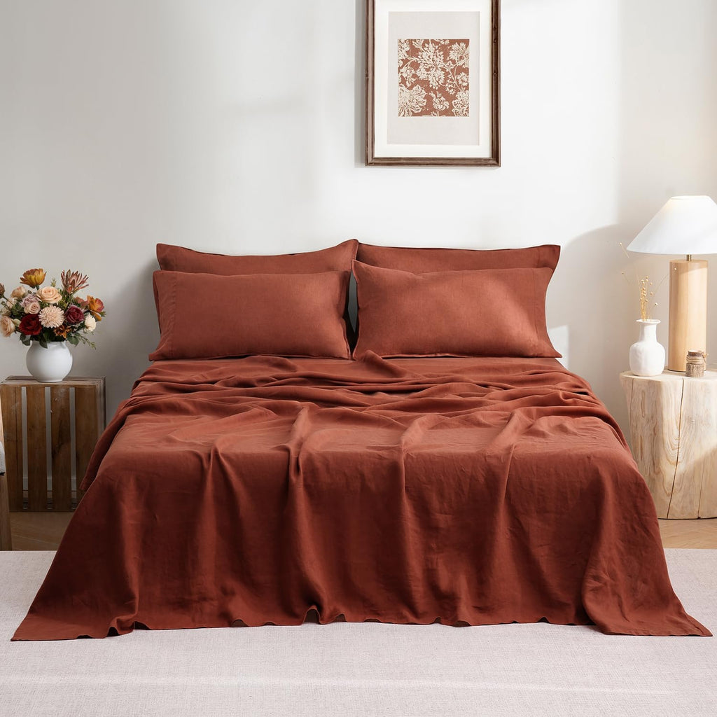 S VICTORY SYMBOL 100% Organic Linen Sheets Set King Size-4 Pieces European Flax Linen Bed Sheets(1 Flat Sheet,1 Fitted Sheet,2 Pillowcases) GOTS Certified,Soft Durable Bedding-Burgundy