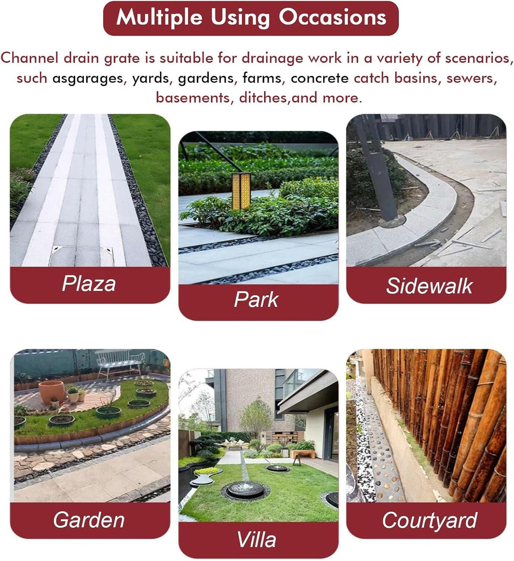 French Drain Kit Under Ground Drainage System, 2 Inch Outside Trench Drains for Concrete Driveways Walkway/ Slim Patio Drainage Gutter Pit, Stainless Steel Floor Drain Trough with Grate/ Grating(Silve