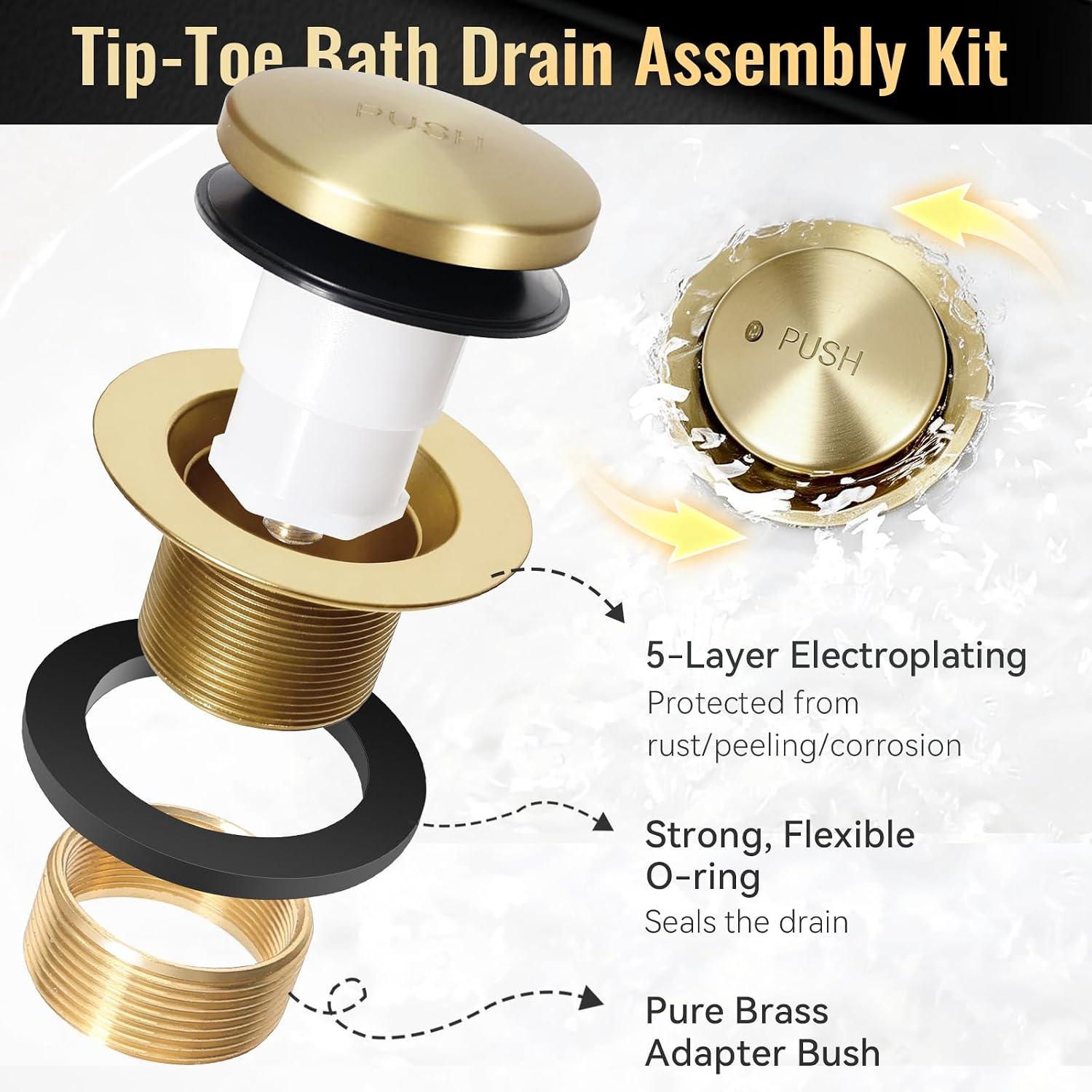 Slotted Overflow Bath Drain with Toe-Tap Stopper, Compatible with Kohler Elevance/Archer/Underscore/Rêve/Parity Baths and whirlpools, Easy Installation, Slotted Overflow Bath Drain