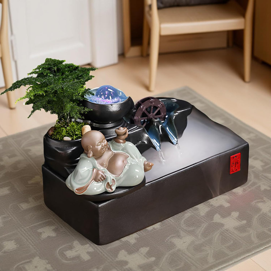 Zen Tabletop Fountain with LED Lights & Mist Maker - Indoor Waterfall Decor with Crystal Stones for Home, Office, Meditation Room - Relaxing Desktop Humidifier Gift (C Style)(B Style+Misting)