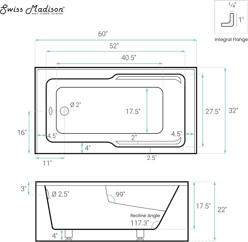 Swiss Madison Claire 60 x 32 Left Drain Soaking Alcove Corner Apron Bathtub in Matte Black