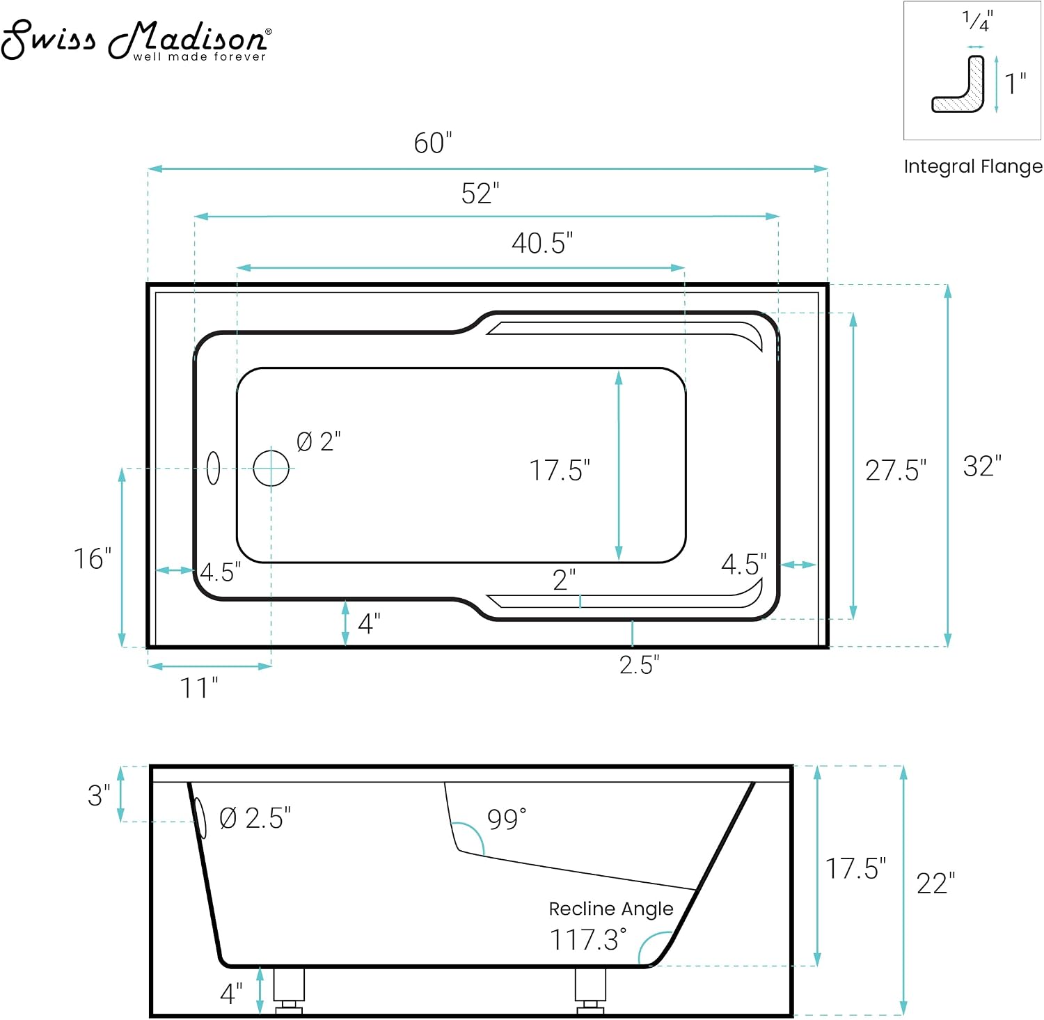 Swiss Madison Claire 60 x 32 Left Drain Soaking Alcove Corner Apron Bathtub in Matte Black