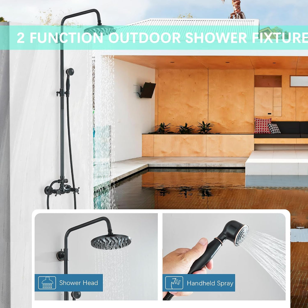 Rain Shower System Oil Rubbed Bronze Outdoor Shower Faucet Set with 8 Inch Rainfall Shower Head Handheld Spray 2 Cross Handles Wall Mounted Bathroom Shower Fixtures Solid Brass