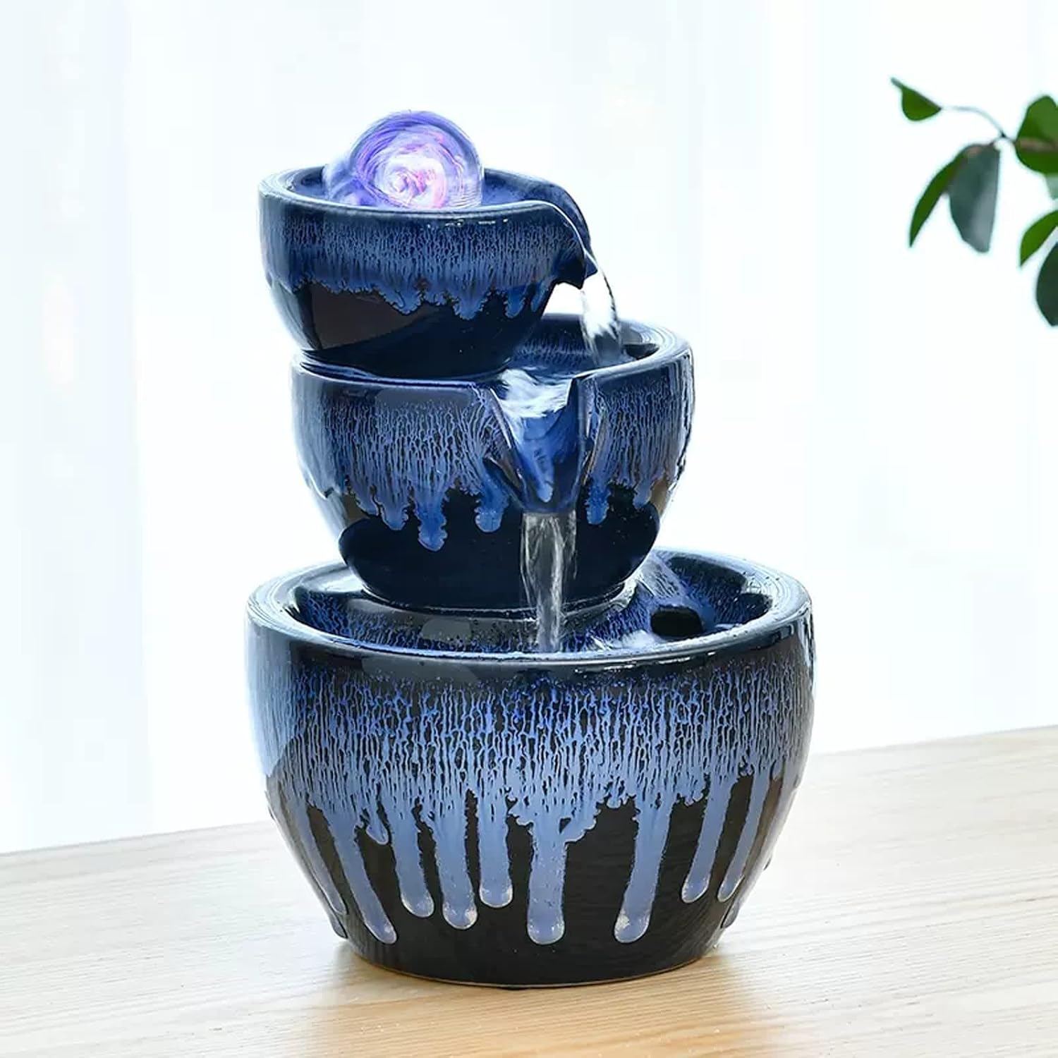 Indoor Fountain Tabletop Water Fountain with 3-Layer Ceramic Bowl Indoor Relaxation Water Fountains Feng Shui Waterfall Fountain with Rolling Ball for Office Living Room Decor