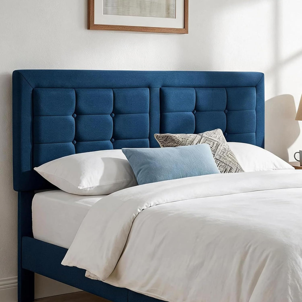 VECELO Queen Size Bed Frame, Adjustable Upholstered Button Tufted Headboard, Heavy-Duty Bedframe with Wood Slats Support, No Box Spring Needed, Aegean Blue