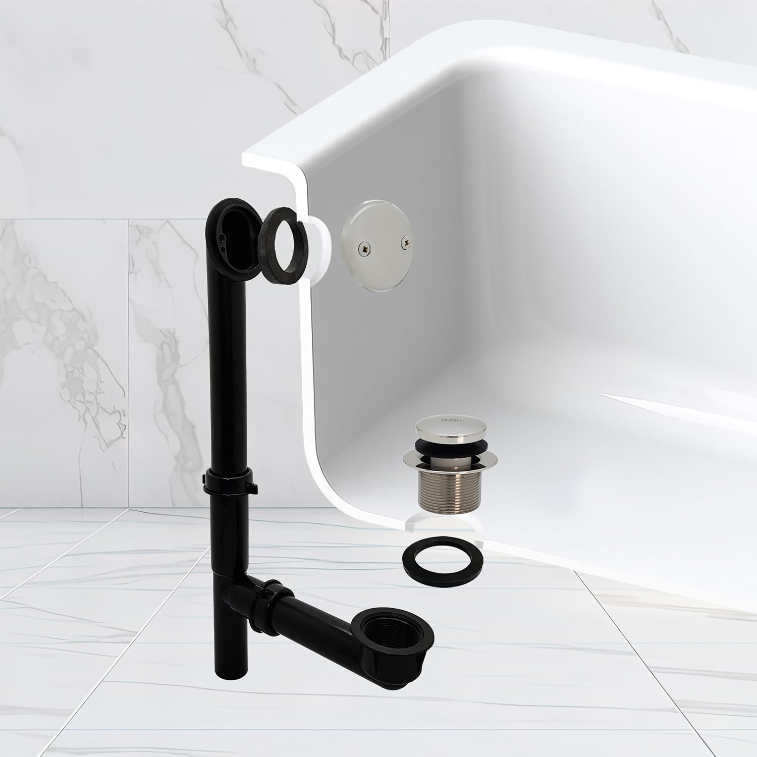 Westbrass 593144-4-05 14' Black Poly Tubular Bathtub Waste & Overflow Assembly with Tip-Toe Drain Plug and 2-Hole Faceplate, Polished Nickel (4-Pack)