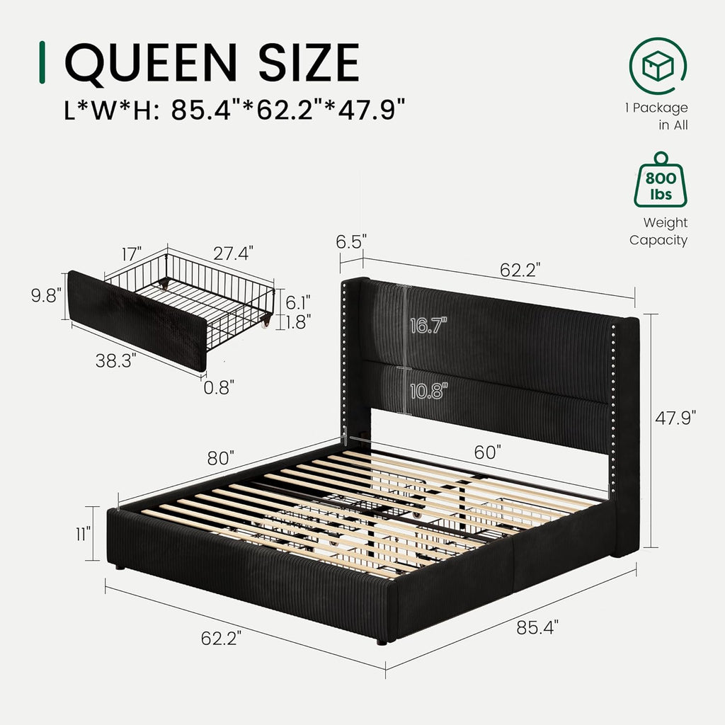LARMACE Black Queen Bed Frame with Headboard Upholstered Platform Bed Frame Queen Size with 4 Storage Drawers Corduroy Bed Frame with Vertical Stripe,Solid Wood Leg/No Box Spring Needed/Noise Free