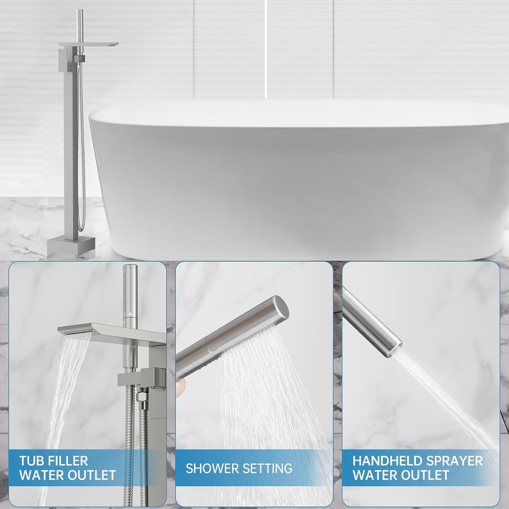 RUMOSE Brushed Nickel Bathtub Filler Freestanding Tub Filler Floor Mount Tub Faucet Waterfall Bathtub Faucet with CUPC Certified High Flow Brass Bath Shower Faucets with Handheld Sprayer