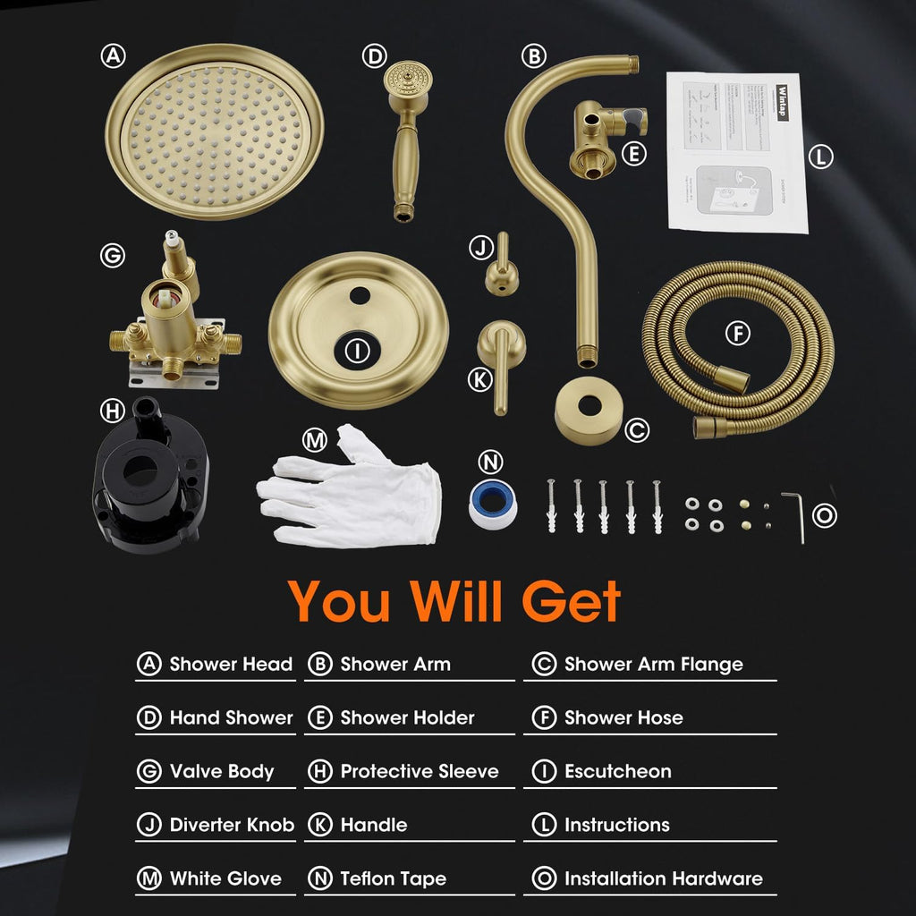 Antique Rainfall Shower System Bathroom Luxury Rain Mixer Shower Faucet Set with Pressure Balance Valve, Shower Combo Set with Rain Shower Head and Vintage Handheld Spray 9 inch Light Gold