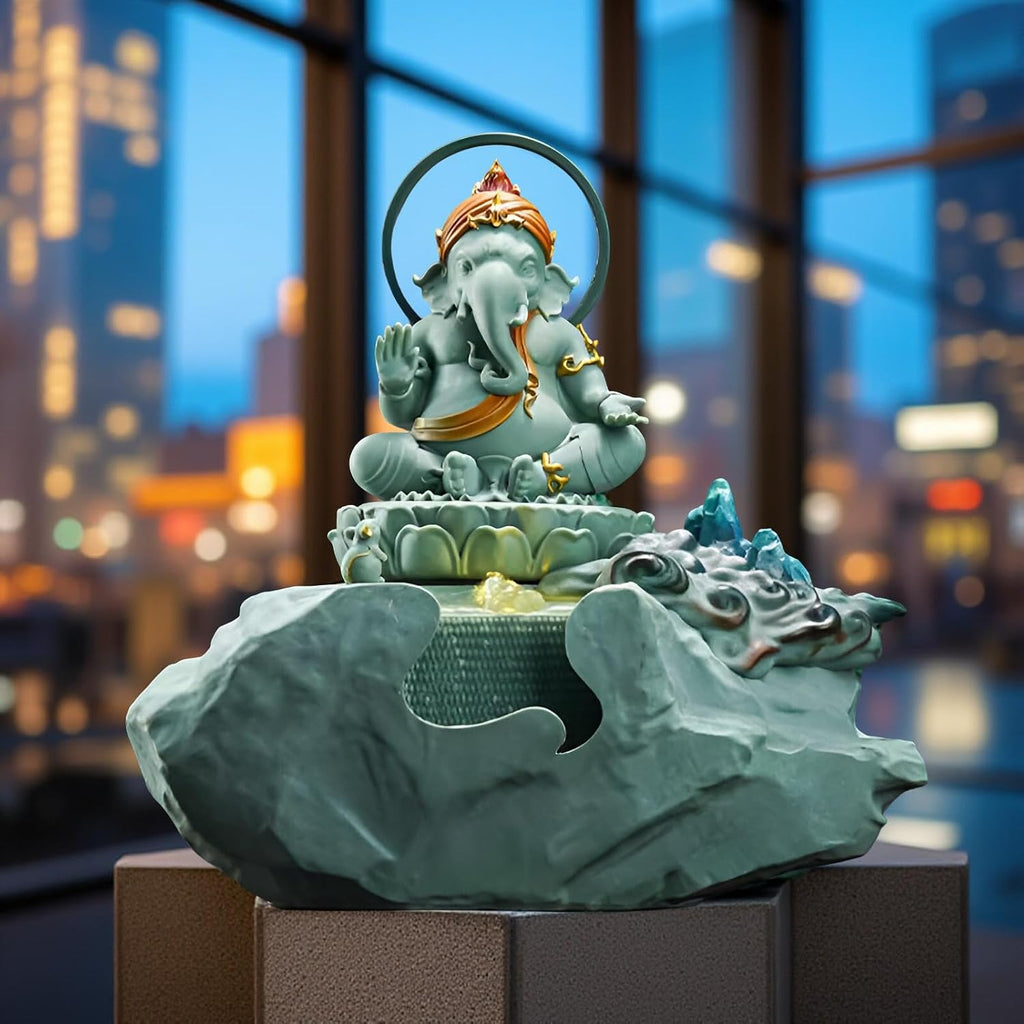 Zen Buddha Tabletop Fountain with LED Lights & Crystal Accents – Indoor Meditation Waterfall Feature with Cascading Water for Home, Office, Living Room or Bedroom – Free 10 Free Crystals (Style 5)