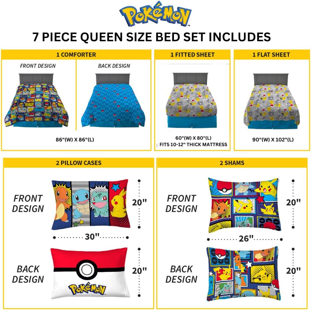 Pokémon Pikachu Queen Size Bedding Set – Kids Bedding Super Soft Cozy Reversible Comforter and Sheet Set with Sham, 7 Piece Queen Size, (Officially Licensed Product) by Franco