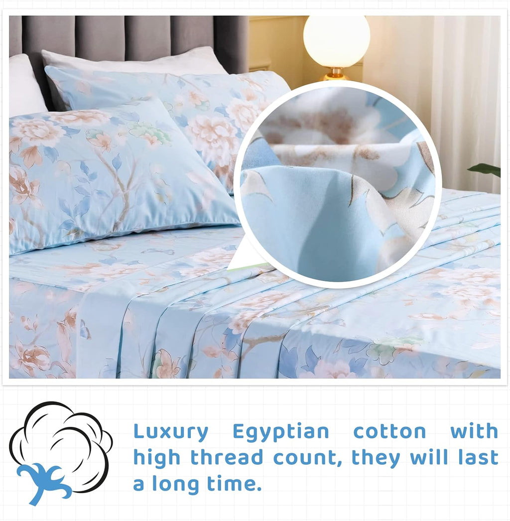 QSH 100% Egyptian Cotton Cal King Sheets, Blue Bird Plant Pattern Botanical Luxury Cotton Printed Flower California King Bedding Sheets, 4pcs Deep Pocket California King Floral Bed Sheet Set