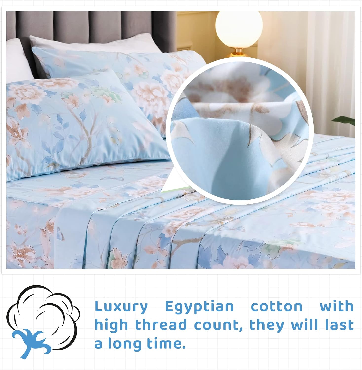 QSH 100% Egyptian Cotton Cal King Sheets, Blue Bird Plant Pattern Botanical Luxury Cotton Printed Flower California King Bedding Sheets, 4pcs Deep Pocket California King Floral Bed Sheet Set