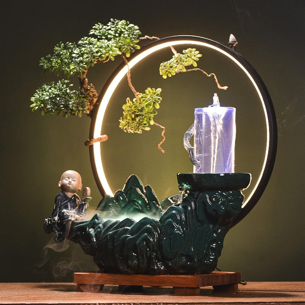 Desktop Water Fountain - Tabletop Fountain with LED Lights and Backflow Incense Creative Vortex Circulating Water Desktop Decoration