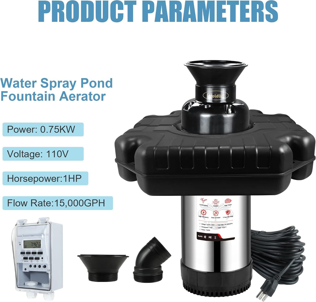 Goldlife Pond Fountain Aerator, F3 No Light, 1HP 750W 110V Stainless Steel Floating Fountain With 100 FT Power Cord, Black Octagon Aerating Fountain Pump for Small Large Ponds Lake Pool Bay Fish farm