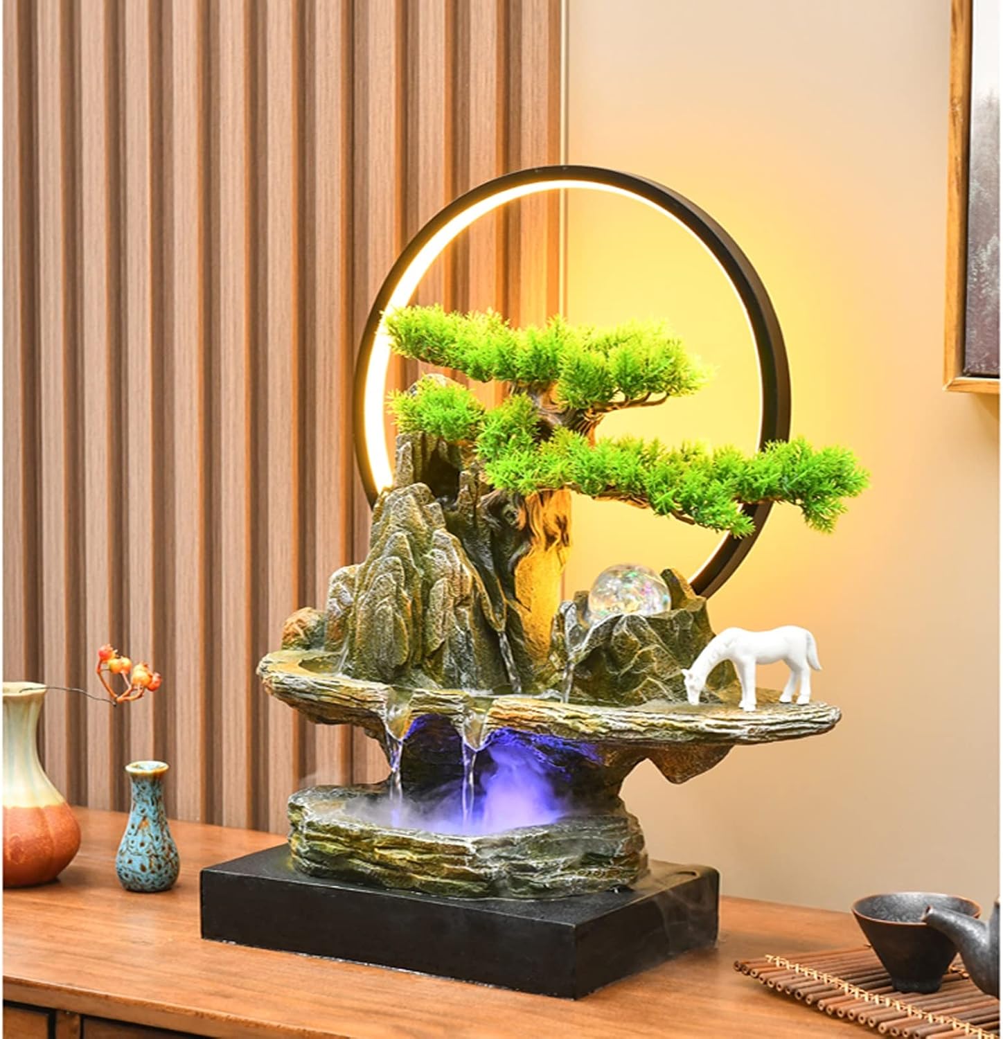 HIHELO Desktop Fountain Tabletop Fountain Rock Waterfall Fountain Indoor Waterfall Fountain Artificial Bonsai Interior Decoration with LED Lights Water Fountain Outdoor (Size : Large)