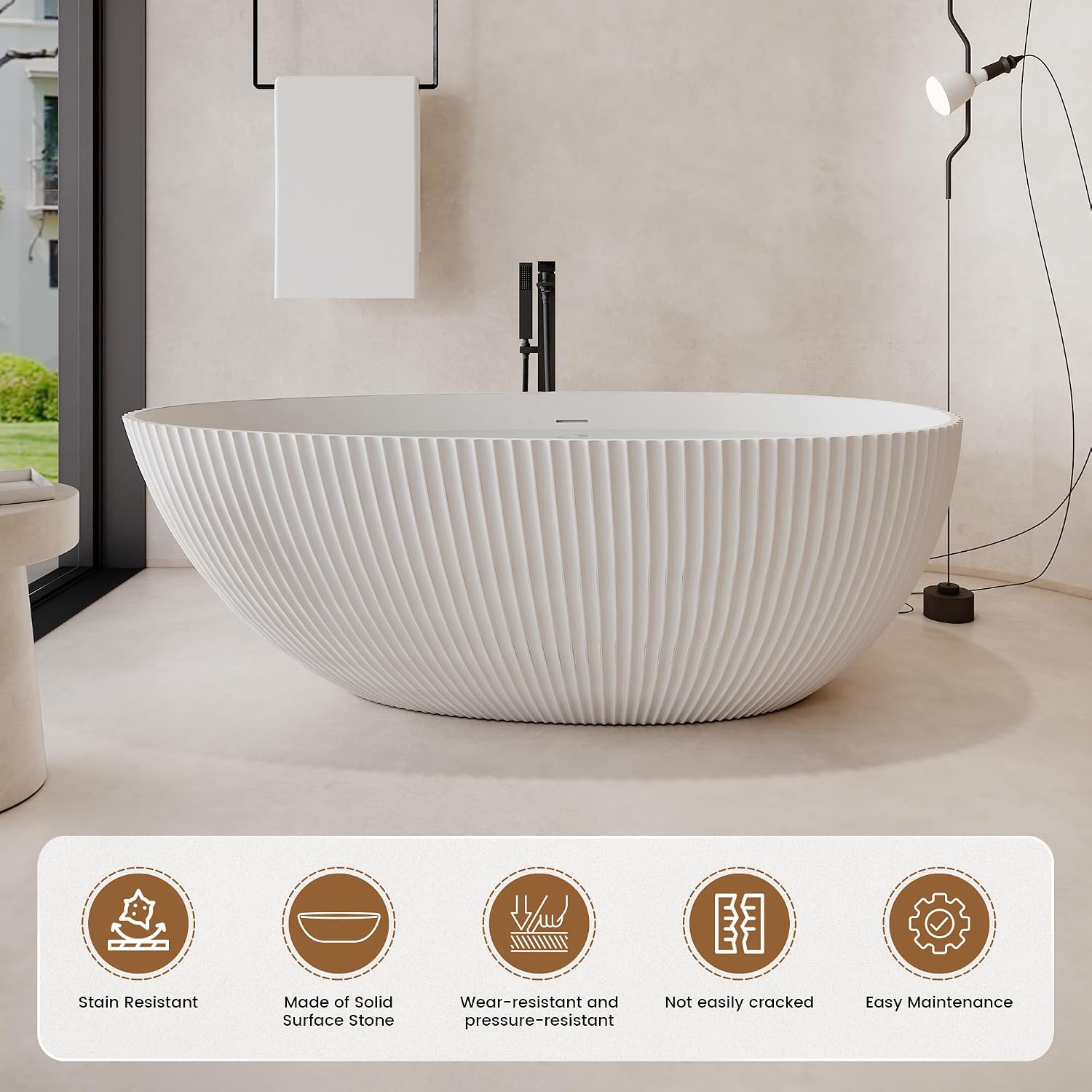 67 Inch Egg-Shape Solid Surface Free Standing Tub Matte White Stone Resin Soaking Tub Featuring 14.37 Inches Soaking Depth, 78 Gallons Water Capacity