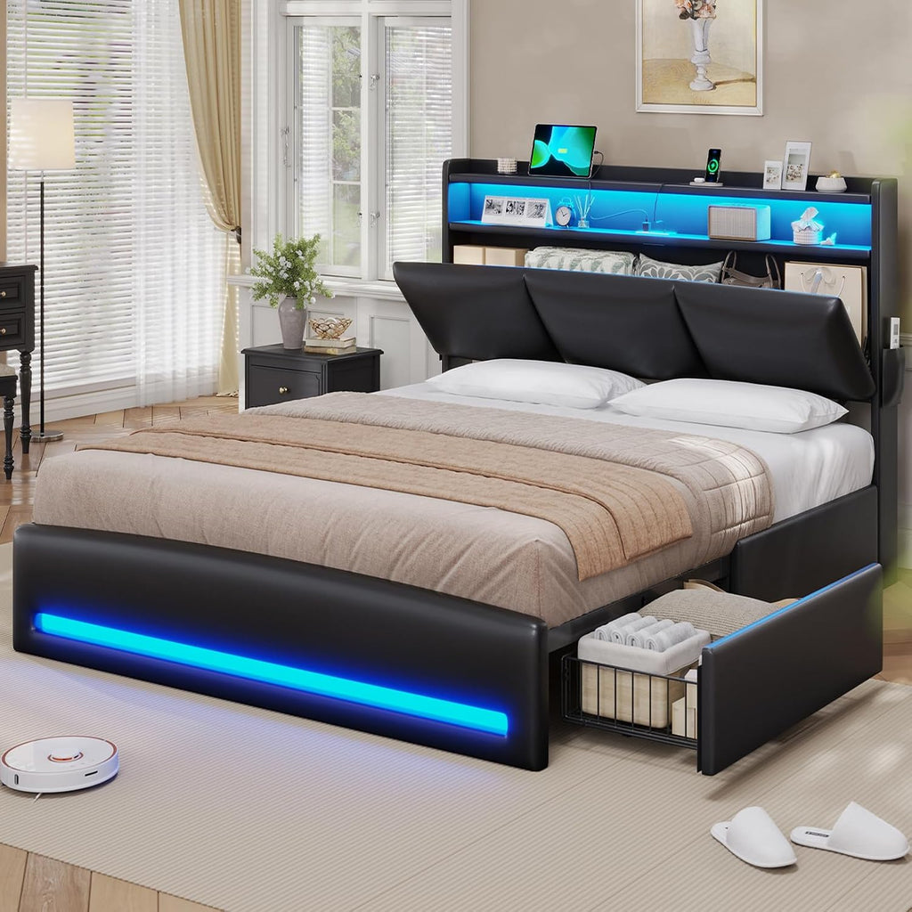 VIAGDO Queen Bed Frame with Storage Headboard and Charging Station, Leather Upholstered Bed Frame Queen Size with 4 Drawers and LED Lights, Type C and USB, No Box Spring Needed, Black