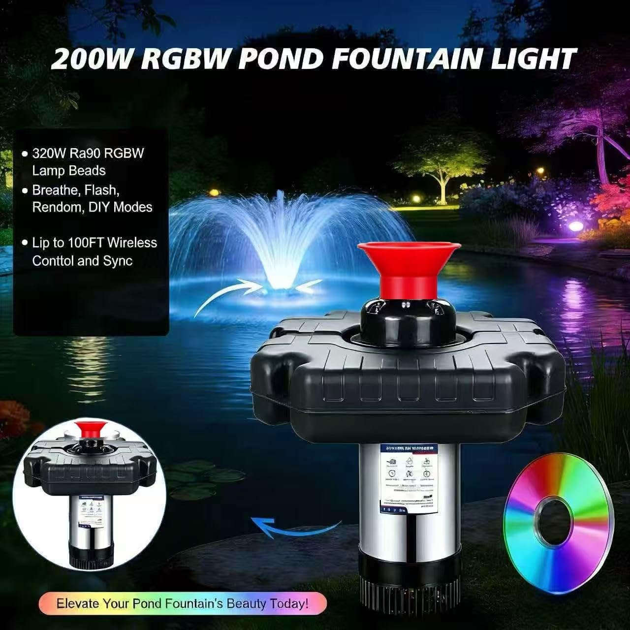 Pond Fountain Aerator,pond aerator,with Dynamic LED RGB Lighting Adjustable Modes, Digital Timer | 1 HP 15,000 GPH, 750W 110V, 100FT Cord - for Large Ponds, Lakes & Outdoor Water Features
