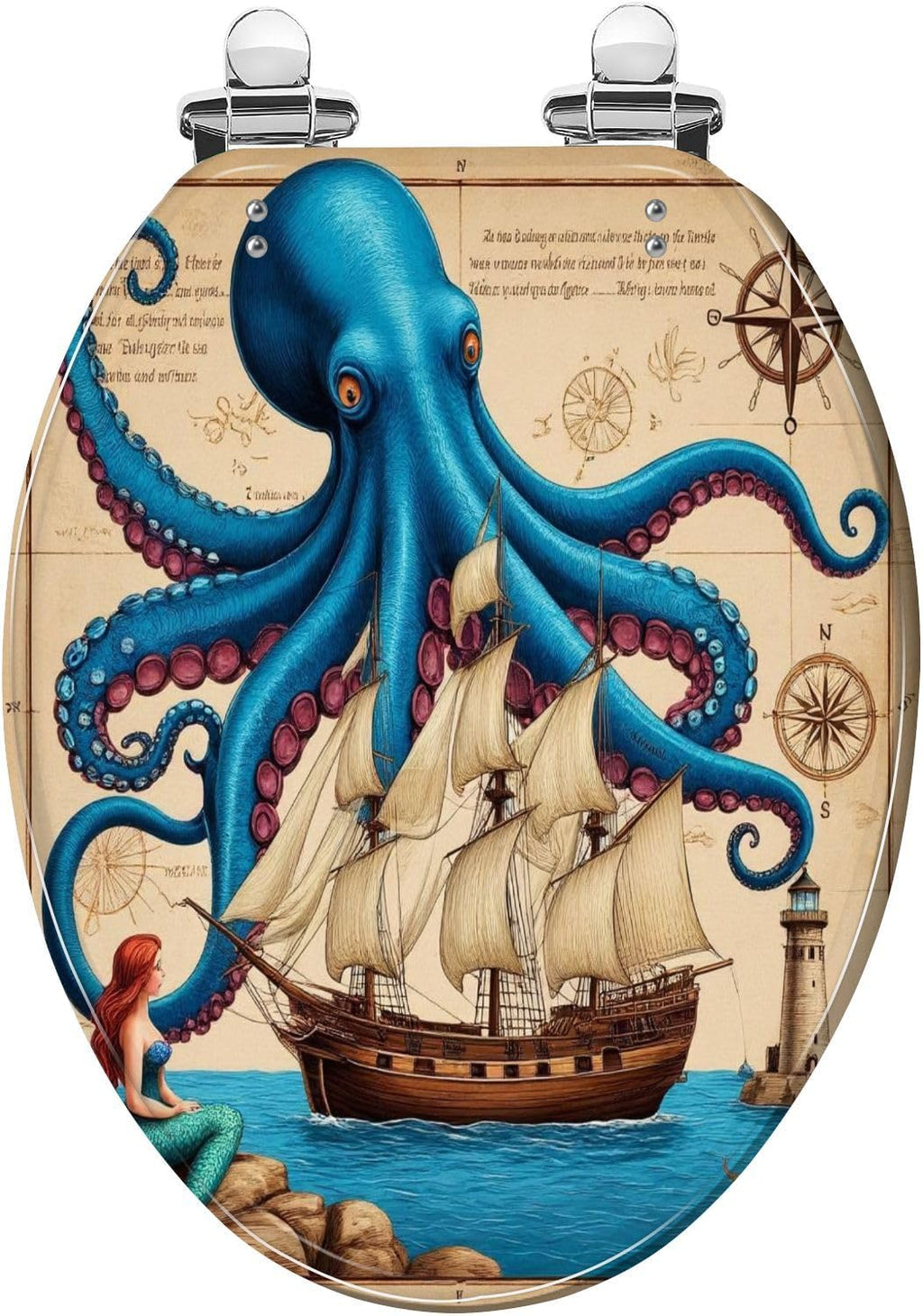 Elongated Toilet Seat Vintage Nautical Octopus Costal Teal Navy Blue Mermaid Funny Ocean Slow Close Soft Close Strong Stainless Steel Hinges Resin Toilet Seat Replacement Bathroom Accessories