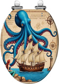 Elongated Toilet Seat Vintage Nautical Octopus Costal Teal Navy Blue Mermaid Funny Ocean Slow Close Soft Close Strong Stainless Steel Hinges Resin Toilet Seat Replacement Bathroom Accessories