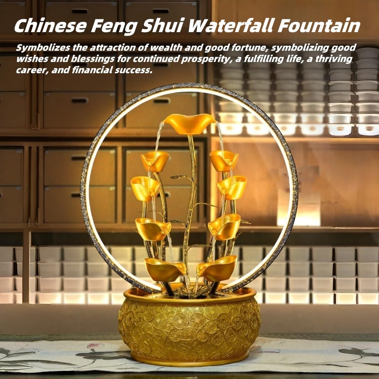 Gold Money Tree Feng Shui Tabletop Fountain with LED Light and Automatic Pump, Wealth Luck Indoor Waterfall Decor, Resin Desktop Water Feature for Home Office Zen Relaxation(Small)