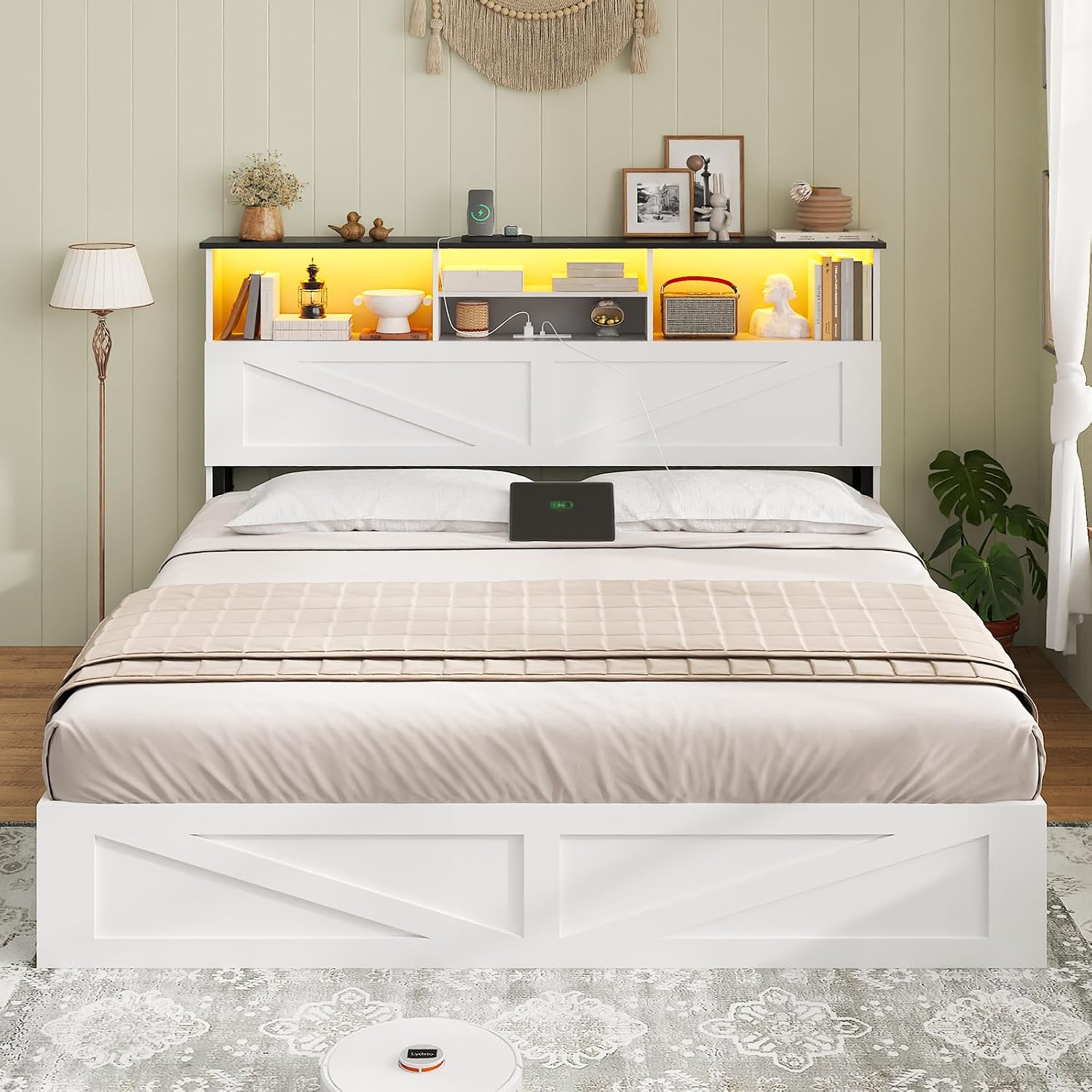 AOGLLATI Farmhouse Queen Bed Frame with 4 Storage Drawers and Led Lights, Wooden Bed Frame Queen Size with Hidden Space Bookcase Headboard and Led Lights & Metal Slats, White