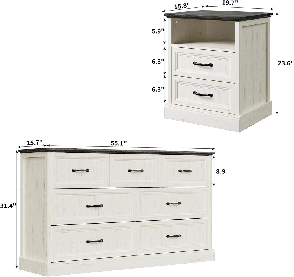 Tradare Farmhouse Dresser and Nightstand Sets 3 Piece, Nightstands Set of 2 & 6 Drawers Dresser for Bedroom, 55' Wide and 24' Inch Night Stand Set for Bedroom, Living Room, Hallway, Brown