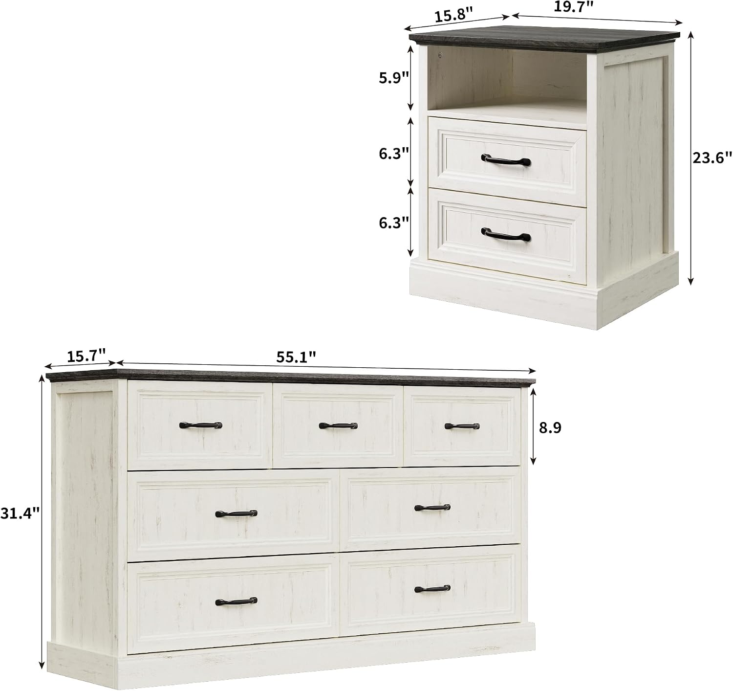 Tradare Farmhouse Dresser and Nightstand Sets 3 Piece, Nightstands Set of 2 & 6 Drawers Dresser for Bedroom, 55' Wide and 24' Inch Night Stand Set for Bedroom, Living Room, Hallway, Brown
