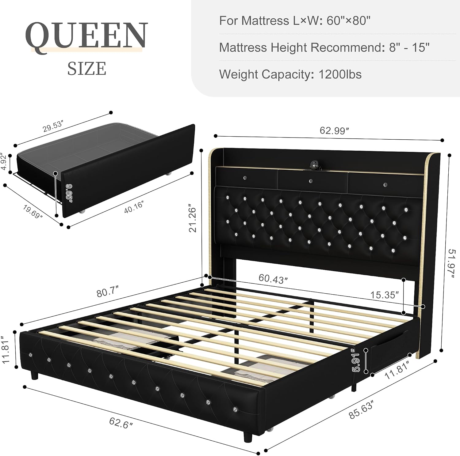 SIBEDS Queen Led Bed Frame with Galaxy Aurora Star Projector, Platform Beds with Charging Station, 52' Diamond Upholstered Wingback Bedframe with 2 Storage Drawers, No Box Spring Needed, PU Black