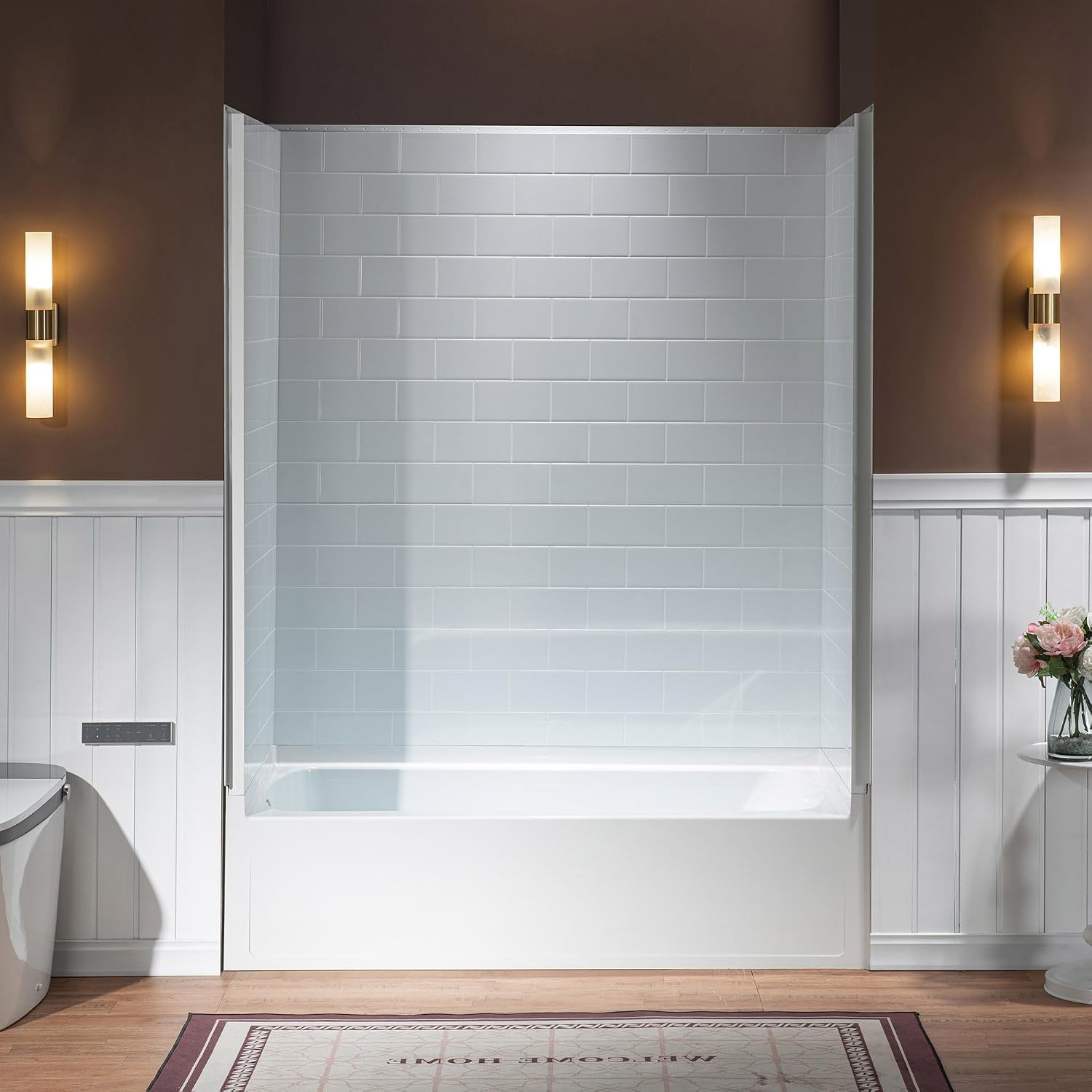 WOODBRIDGE 60 in. W x 32 in. D x 64 in. H 4-Piece Alcove Tub Wall Kit with Staggered Brick Pattern,Gloss White Finish