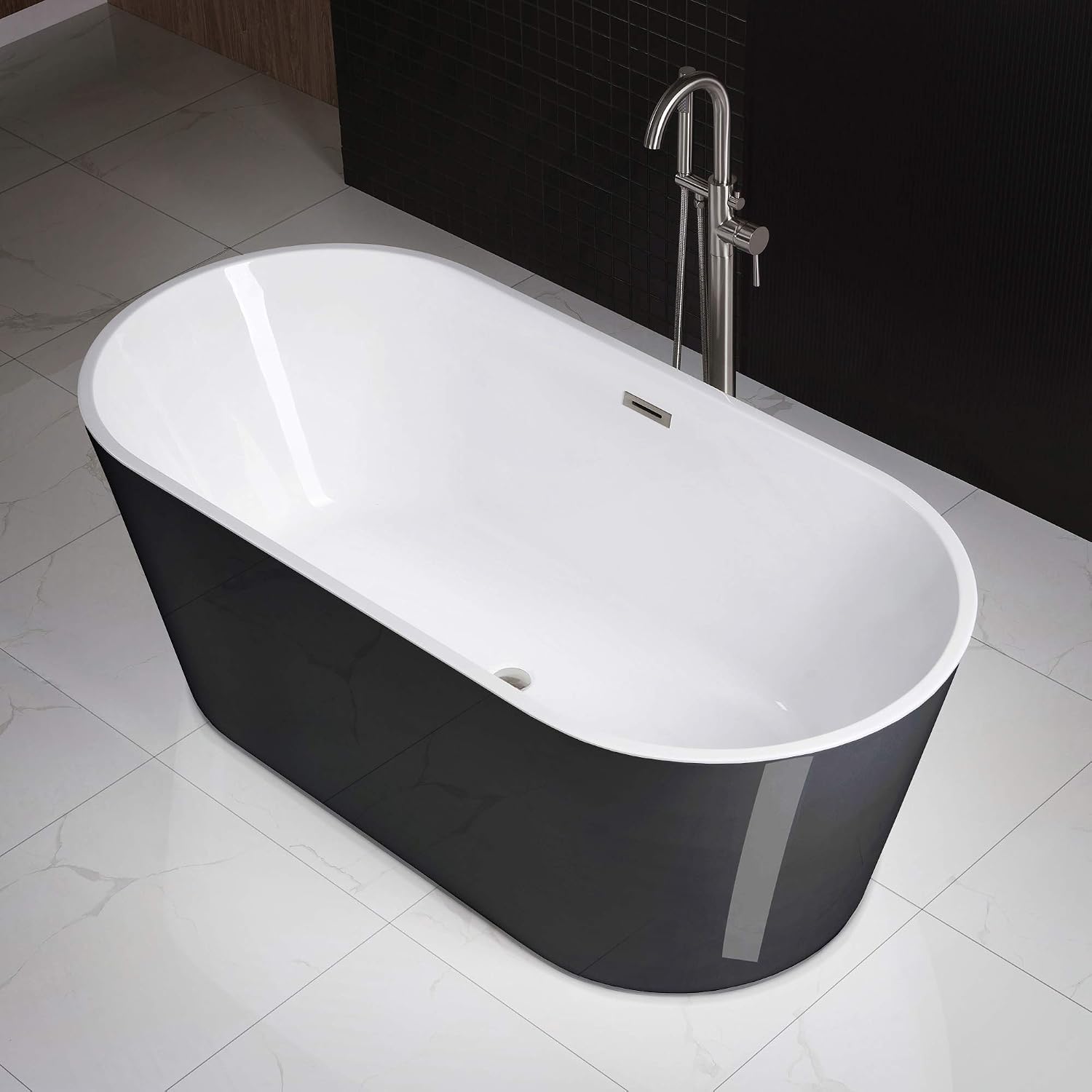 WOODBRIDGE 67' Acrylic Freestanding Bathtub Contemporary Soaking Tub, Black Acrylic (Brushed Nickel Drain/Overflow),B1813 Black -B/N-Drain &O