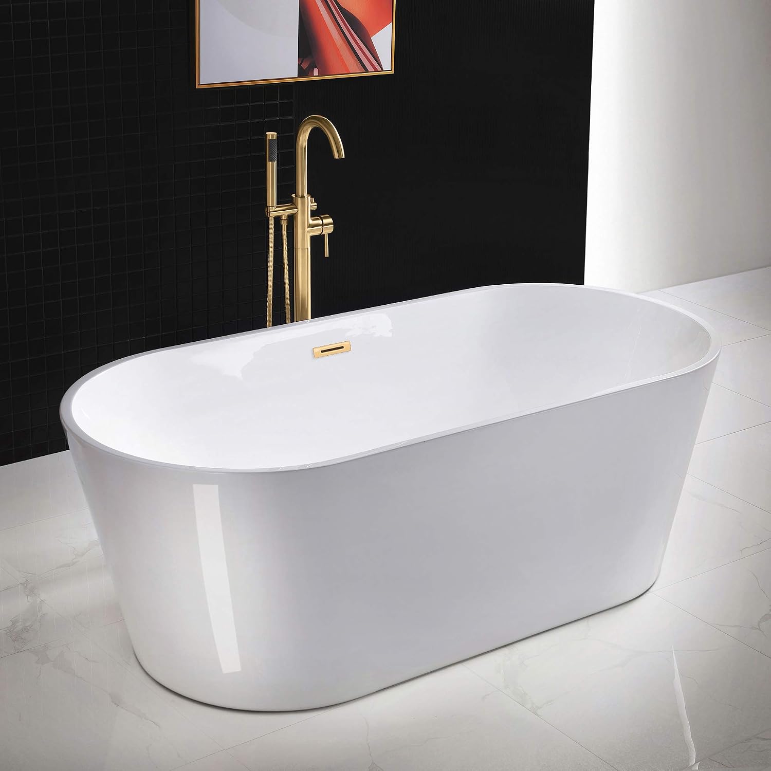 WOODBRIDGE 67' Acrylic Freestanding Bathtub Contemporary Soaking White Tub with Brushed Gold Overflow and Drain，B0013-BG