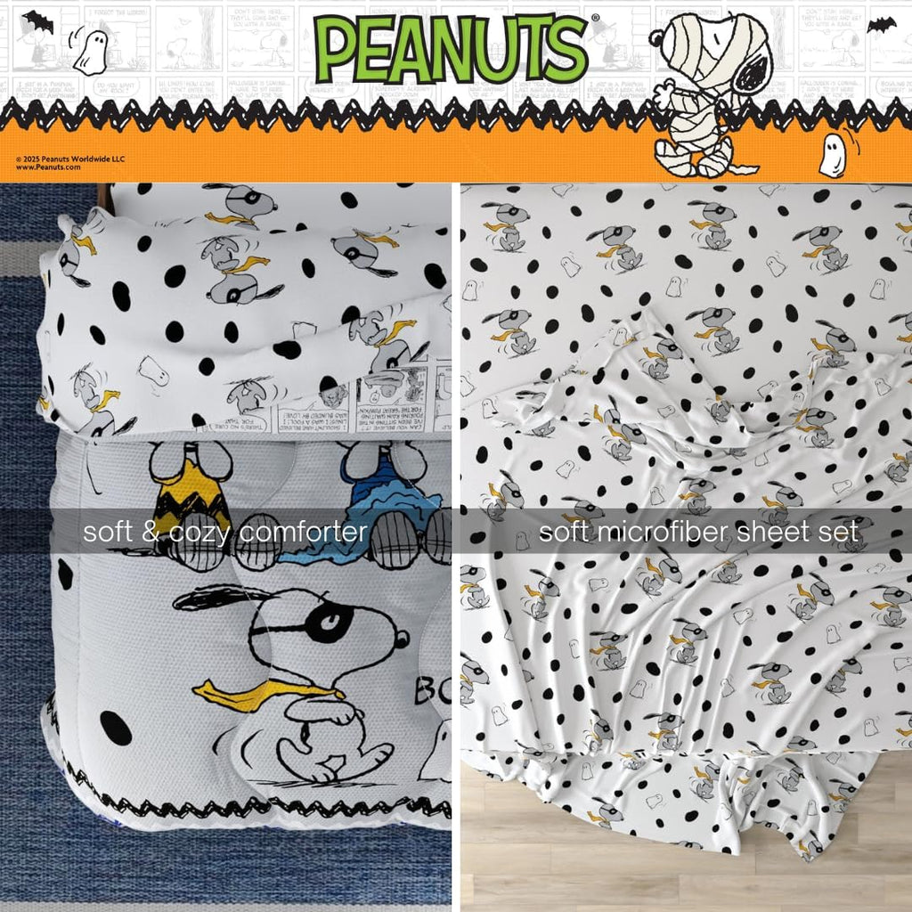 Peanuts Halloween Queen Bed Set – Super Soft & Cozy 5 Piece Reversible Comforter and Sheet Set Featuring Snoopy & Charlie Brown, (Official Peanuts® Product) by Franco