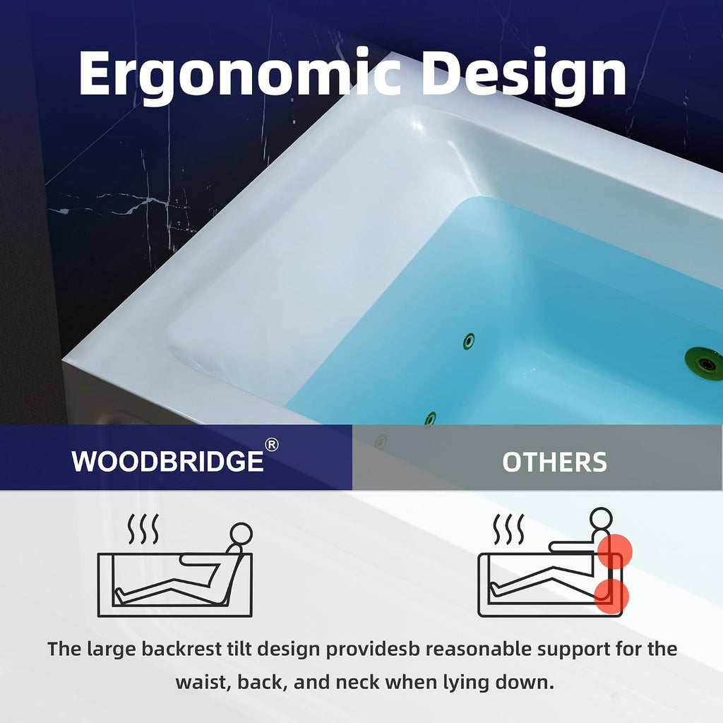 WOODBRIDGE 60' x 30' Alcove Acrylic Rectangular Whirlpool Heated Jetted Tub in White with right Drain, Brushed Gold Finish Trim and Drain Kit Included, BS666-R-BG03