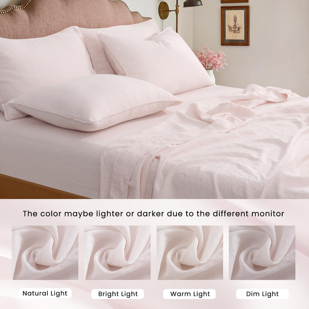 S VICTORY SYMBOL 100% Organic Linen Sheets Set Queen Size,Washed French Flax Bed Sheets 4 Pieces(2 Pillowcases,1 Fitted Sheet,1 Flat Sheet) Pale Pink,Natural Linen Bedding