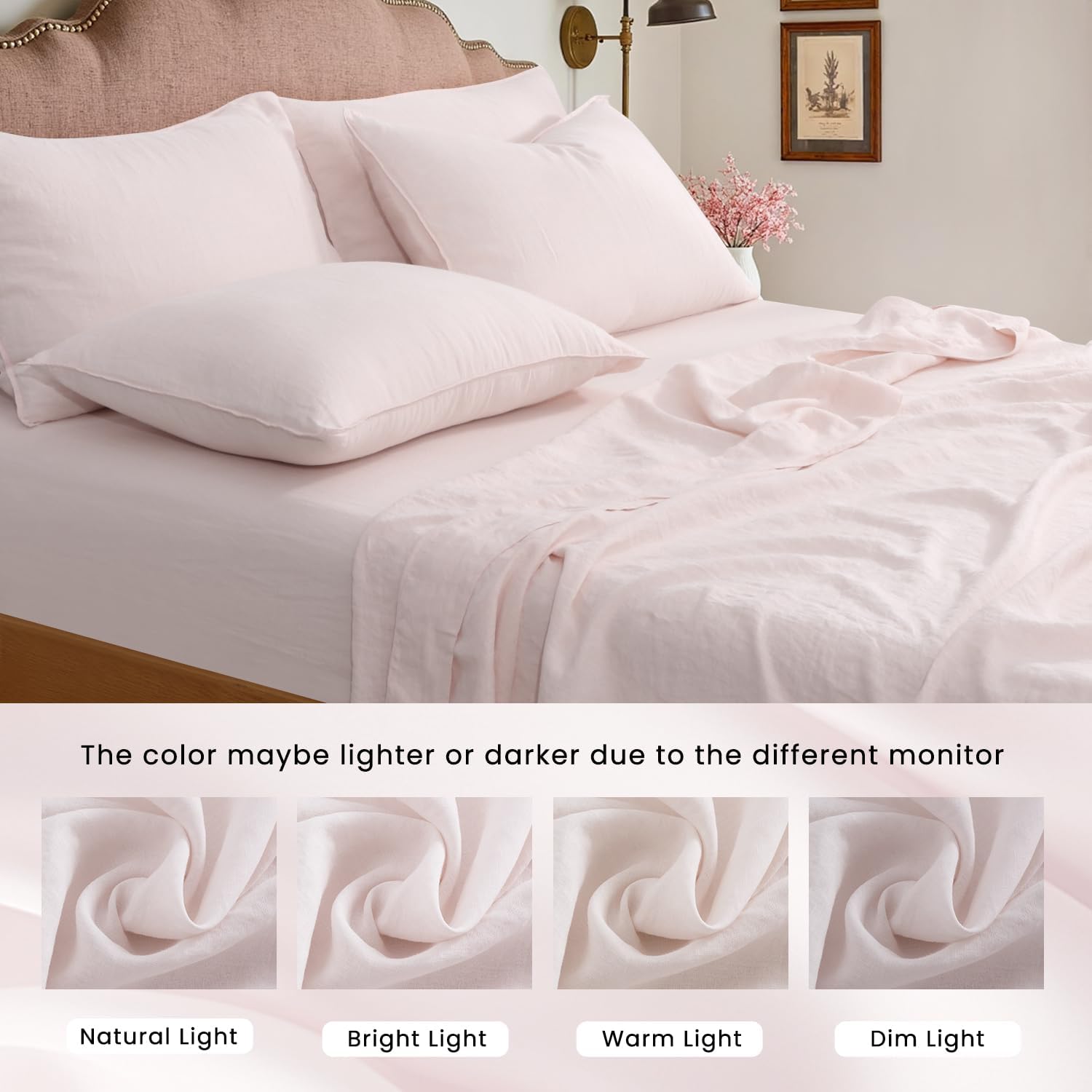 S VICTORY SYMBOL 100% Organic Linen Sheets Set Queen Size,Washed French Flax Bed Sheets 4 Pieces(2 Pillowcases,1 Fitted Sheet,1 Flat Sheet) Pale Pink,Natural Linen Bedding