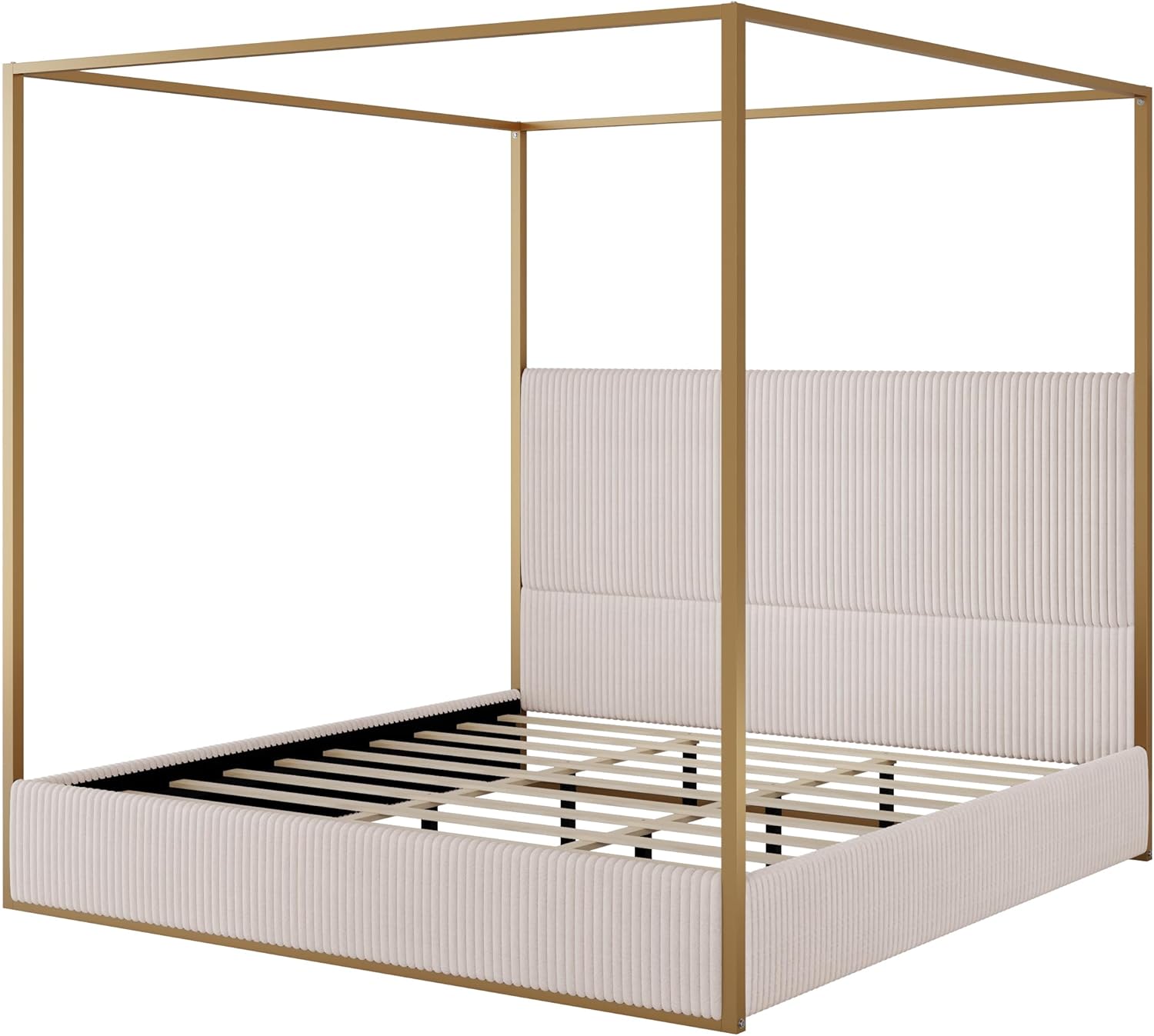 Merax Modern Luxury King Metal Canopy Bed with Tall Upholstered Headboard, Gold Four Poster Bed, No Box Spring Needed, Beige