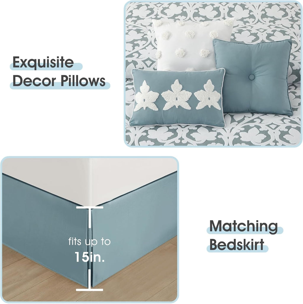 LANCO MODERN LIFESTYLE 7 Pieces Comforter Set, Queen, Blue, Jacquard Floral Pattern and Classy Damask Medallion Design, Ultra Soft, Includes Bed Skirt, Shams, and Decorative Pillows