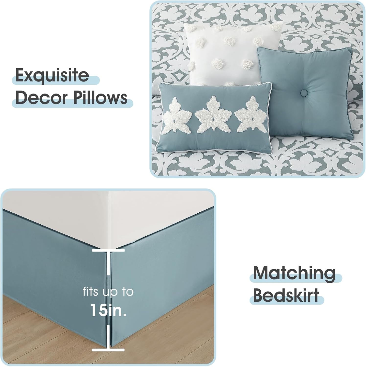 LANCO MODERN LIFESTYLE 7 Pieces Comforter Set, Queen, Blue, Jacquard Floral Pattern and Classy Damask Medallion Design, Ultra Soft, Includes Bed Skirt, Shams, and Decorative Pillows