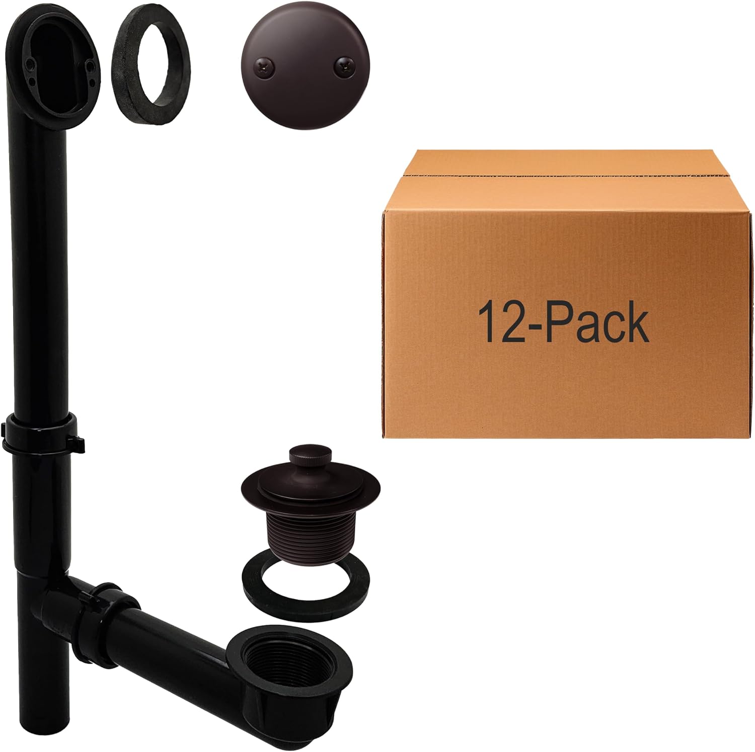 Westbrass 597144-12-12 14' Black Poly Tubular Bath Waste & Overflow Assembly with 2-Hole Faceplate and Pull to Open Drain Plug, 12-Pack, Oil Rubbed Bronze, 12 Count