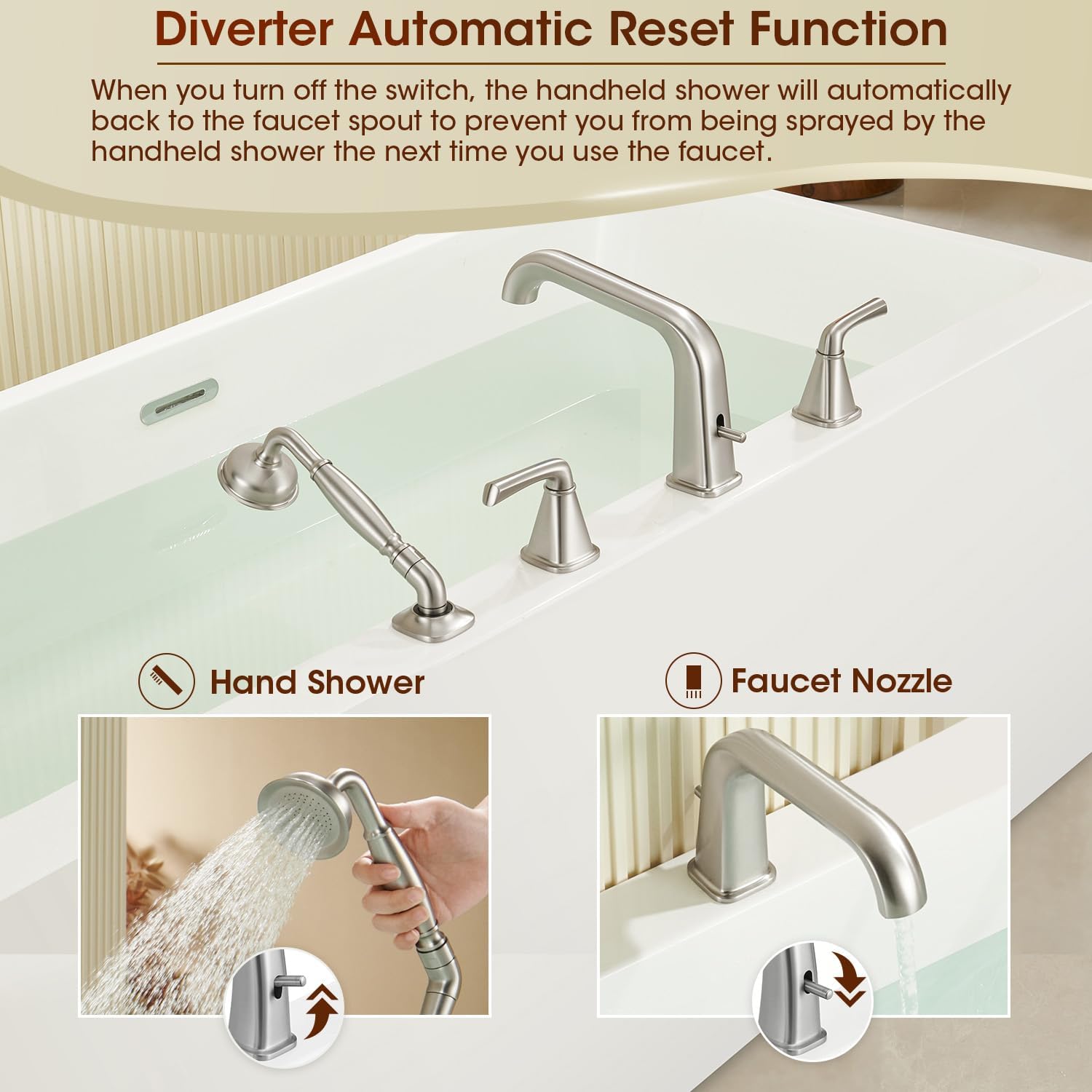 Roman Bathtub Faucet with Sprayer, Qinkell Tub Faucet Set with Valve, 4 Hole Deck Mount Tub Faucets, 2 Handle High Flow Tub Filler with Hand Shower and Supply Lines Brushed Nickel